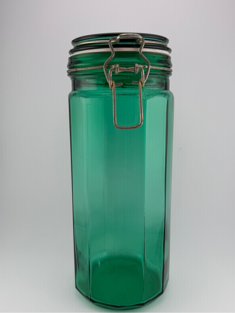 Vintage Green 12 Panel Glass Canister With Hinge Wire Bail Lid 10 Inch Tall